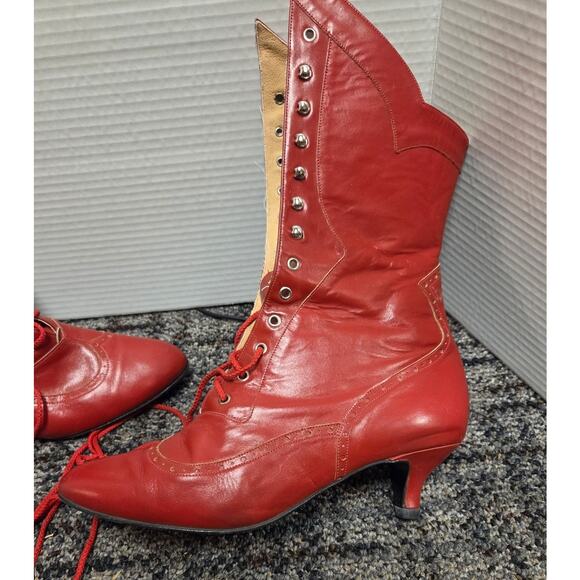 VTG Custom Red Leather Lace & Hook Tall Boots Kitten Heel Unique Sz 10 - Picture 5 of 8